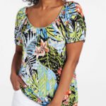Tropical Print Shirred Hem Gypsy Top