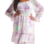 Blurred Floral Print Shirred Long Sleeve Skater Dress