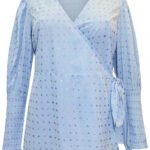 BLUE Deep Shirred Cuff Metallic Spotted Wrap Top Size 14 - 30