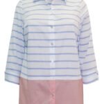 BLUE Pure Cotton Striped Color Block Hem Blouse Size 16 Only