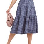 BLUE Button Through Tiered Check Midi Skirt Size 16 Only