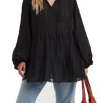 BLACK Sheer Gingham Smock Top Size 14 - 26