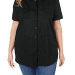 BLACK Short Sleeve Rounded Hem Utility Cotton Shirt Size 16 - 38