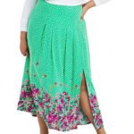 GREEN Border Print Side Split Midi Skirt Size 20 - 22
