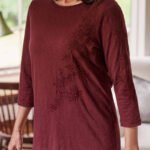 BURGUNDY Placement Embroidered 3/4 Sleeve Top Size 12 - 26