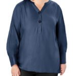 NAVY Flowing Henley Deep Cuff Dipped Hem Top Size 14 - 26