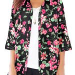 BLACK Floral 3Q Sleeve Opaque Crepe Timeless Blouse Size 16 - 34