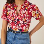 MSN RED Linen Blend Floral Print Frill Trim Top Size 12 - 24
