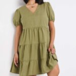 KHAKI Tiered Linen Smock Dress Size 18 - 32