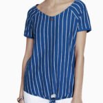 BLUE Pure Cotton Striped Tie Front Button Detail T-Shirt Size Size 14 - 28