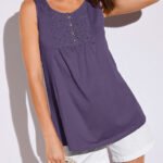 DEEP-PURPLE Pure Cotton Sleeveless Broderie Yoke Button Front Top Size 10 - 24