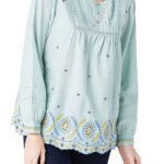 Lori Goldstein TURQUOISE Lily White Cotton Woven Blouse with Embroidery Size 20 - 28