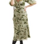 GREEN Printed Chiffon Puff Sleeves Tea Dress  Size 20 - 28