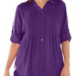 Pintucked Roll Sleeve Tunic Shirt - Violet