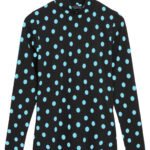 BLACK Polka Dot Long Sleeve Funnel Neck Fitted Stretch Top Size 12-18