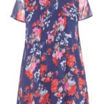 Curve NAVY Floral Print Pintuck Cap Sleeve Blouse Size 16 -28