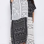 BLACK/WHITE V-Neck Kaftan Maxi Dress One Size