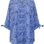 BLUE Animal Print Georgette Button Front Tie Sleeve Cafe Blouse Size 24 -40