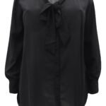 BLACK Long Sleeve Tie Neck Cheer Chiffon Blouse Size 22 - 32