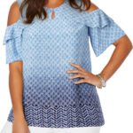 NAVY Border Print Frill Cold Shoulder Top Size 24/26 Only