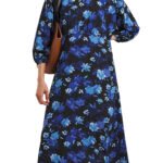 BLUE Printed Balloon Sleeve Tea Dress Size 22 - 32