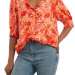 ORANGE Tropical Print Crinkle Frill Trim Top Size 8 - 32