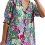 MULTI Tropical Print Frill Detail Shirred Cuff Top