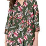 GREEN Olive Tropical Floral 3Q Sleeve Opaque Crepe Timeless Blouse Size 16 - 34