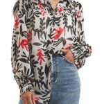 BLACK Printed Sheer Shirred Detail Shirt Size 14 - 30