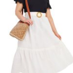 CREAM Linen Blend Buckle Tiered Midi Skirt Size 16 Only
