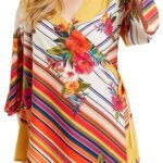 MULTI Tropical Stripe Mock Wrap Kimono Top Size 14 - 30