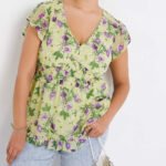 GREEN Floral Shirred V-Neck Frill Peplum Top with Back Tie Detail Size 16 - 26