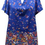 BLUE Pure Cotton Border Print Notch Neck Top Size 20 - 30