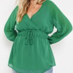 GREEN Shirred Waist Detail Long Sleeve V-Neck Blouse Size 18 - 32