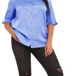 BLUE Button Through Short Sleeve Satin Blouse Size 14 - 26