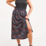 BLACK Printed Side Split Midi Skirt Size 16 & 28