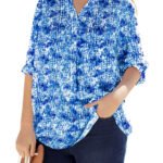BLUE Texture Tie Dye 3/4 Sleeve Tab-Front Tunic Size 16 - 46