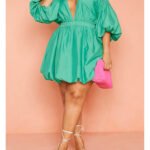 BRIGHT-GREEN Volume Sleeve Puffball Hem Dress Size 16 - 30