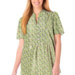 GREEN Blooming Ditsy Pintucked Half Button Tunic Size 16 - 46