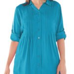 TURQUOISE Pintucked Roll Sleeve Tunic Shirt Size 20 - 38