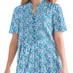 TEAL Pintucked Notched Y-Neck Half-Button Cotton Tunic Size