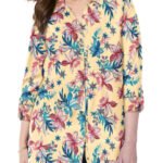 YELLOW Tropical Floral 3Q Sleeve Opaque Crepe Timeless Blouse Size 16 - 40