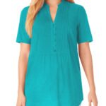 SEA-GREEN Pintucked Notched Y-Neck Half-Button Cotton Tunic Size 20 - 42