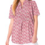 RED Pintucked Notched Y-Neck Half-Button Cotton Tunic Size 20 - 34