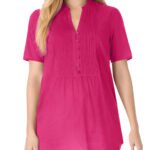 PINK Pintucked Notched Y-Neck Half-Button Cotton Tunic Size 20 - 34