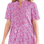 PINK Floral Pintucked Notched Y-Neck Half-Button Cotton Tunic Size 16 - 46