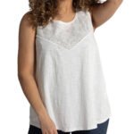 IVORY Off White Lace Insert Round Neck Cotton Knit Tank Top Size 24 - 34