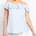 SKY-BLUE Pure Cotton Broderie Anglaise Bardot Frill Top Size 18 - 32