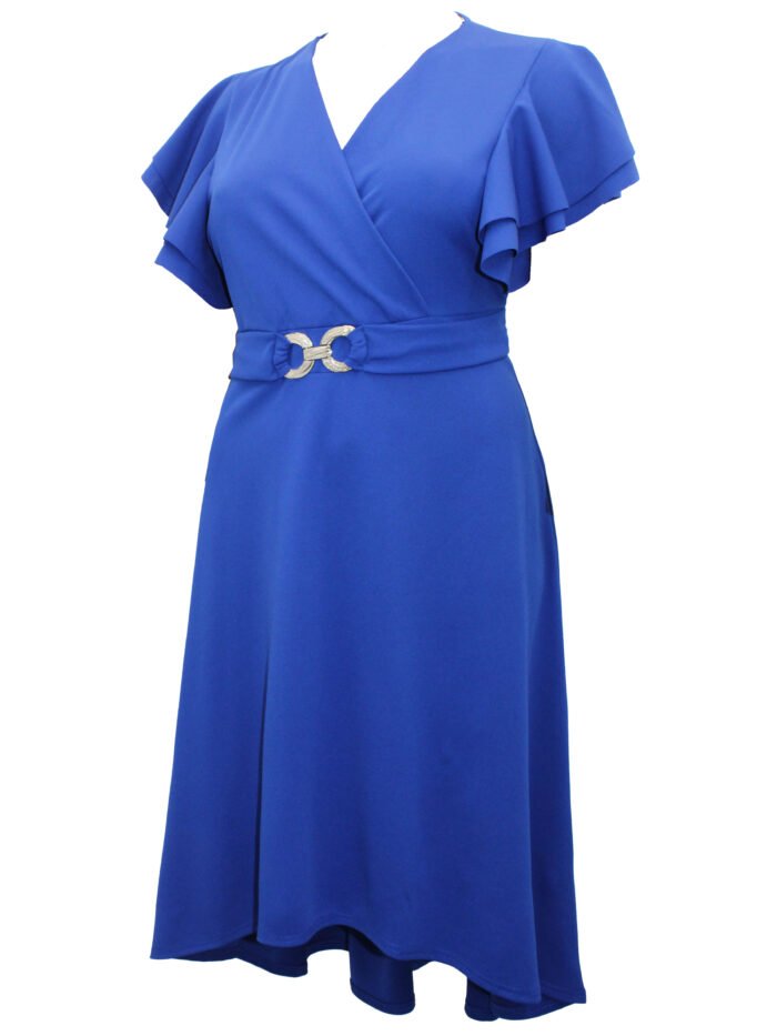 ROYAL-BLUE Flutter Sleeve Buckle Detail Wrap Dress Size 22 - 26 - Image 3