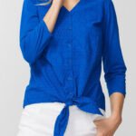 ROYAL-BLUE Patchwork Embroidered Tie Hem Blouse Size 14 - 20